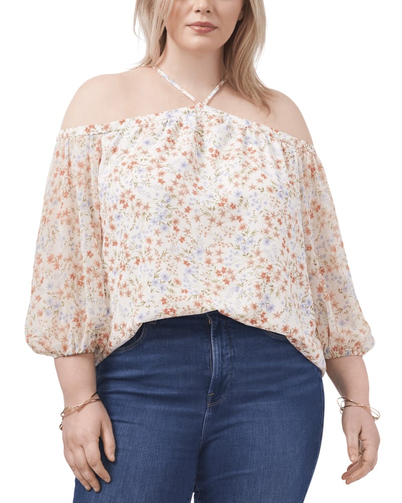 Front of a model wearing a size 1X Clara Off The Shoulder Halter Top in DEMURE FLRL SE by 1.State. | dia_product_style_image_id:262103
